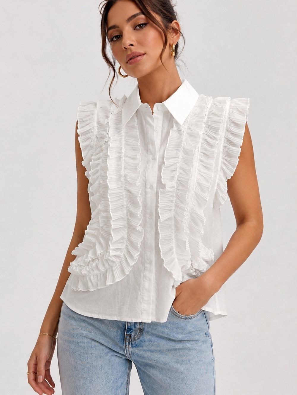 New Sleeveless White Ruffle Button-Down Shirt